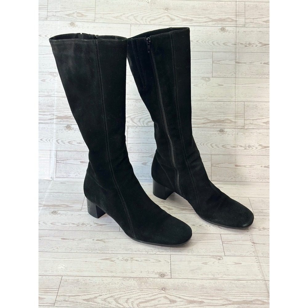 La Canadienne Tall Suede Boots Womens 9.5 Black Square Toe Block Heel